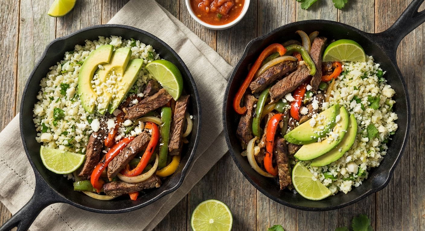 Skillet Beef Fajita Bowls with Cilantro-Lime Cauliflower Rice