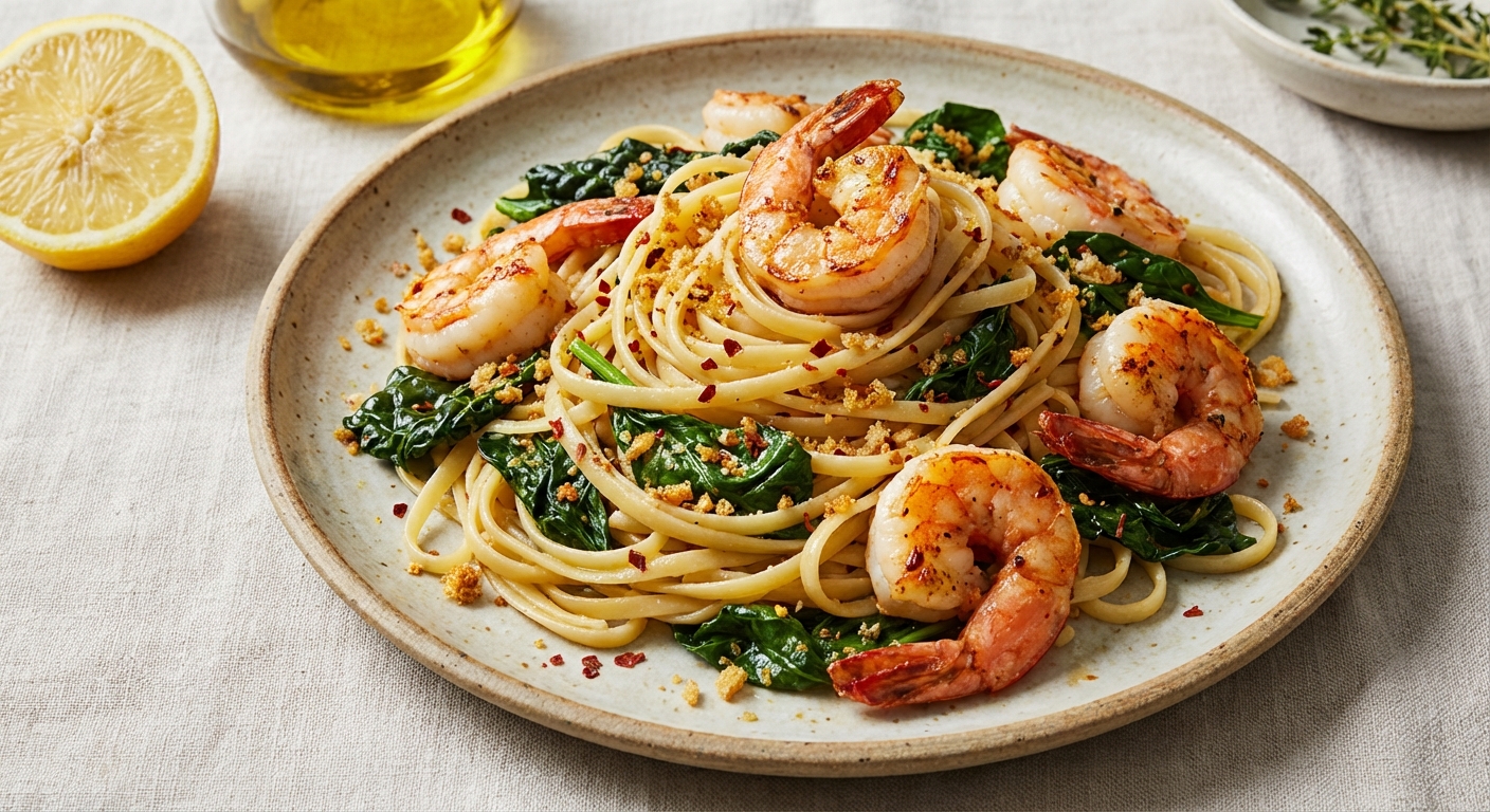 Lemon-Garlic Shrimp Linguine with Winter Greens, Toasted Breadcrumbs & Chili