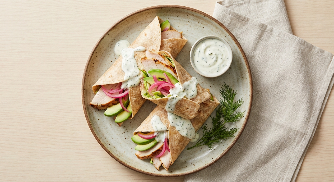 Warm Turkey & Avocado Wraps with Lemon‑Herb Yogurt and Quick‑Pickled Red Onion