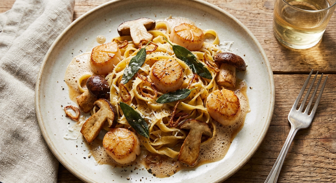 Handmade Tagliatelle with Porcini, Seared Scallops and Sage Brown-Butter