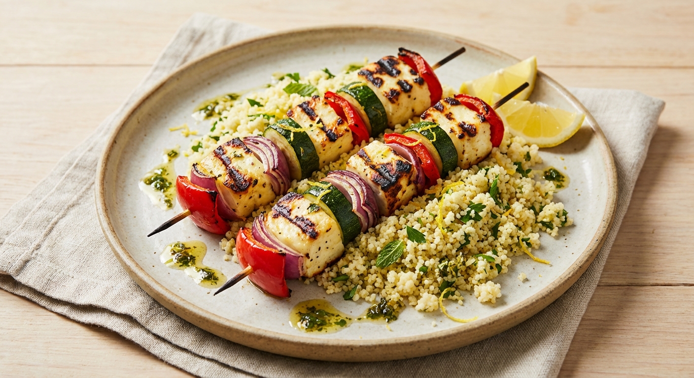 Grilled Halloumi & Vegetable Kebabs with Lemon‑Herb Couscous
