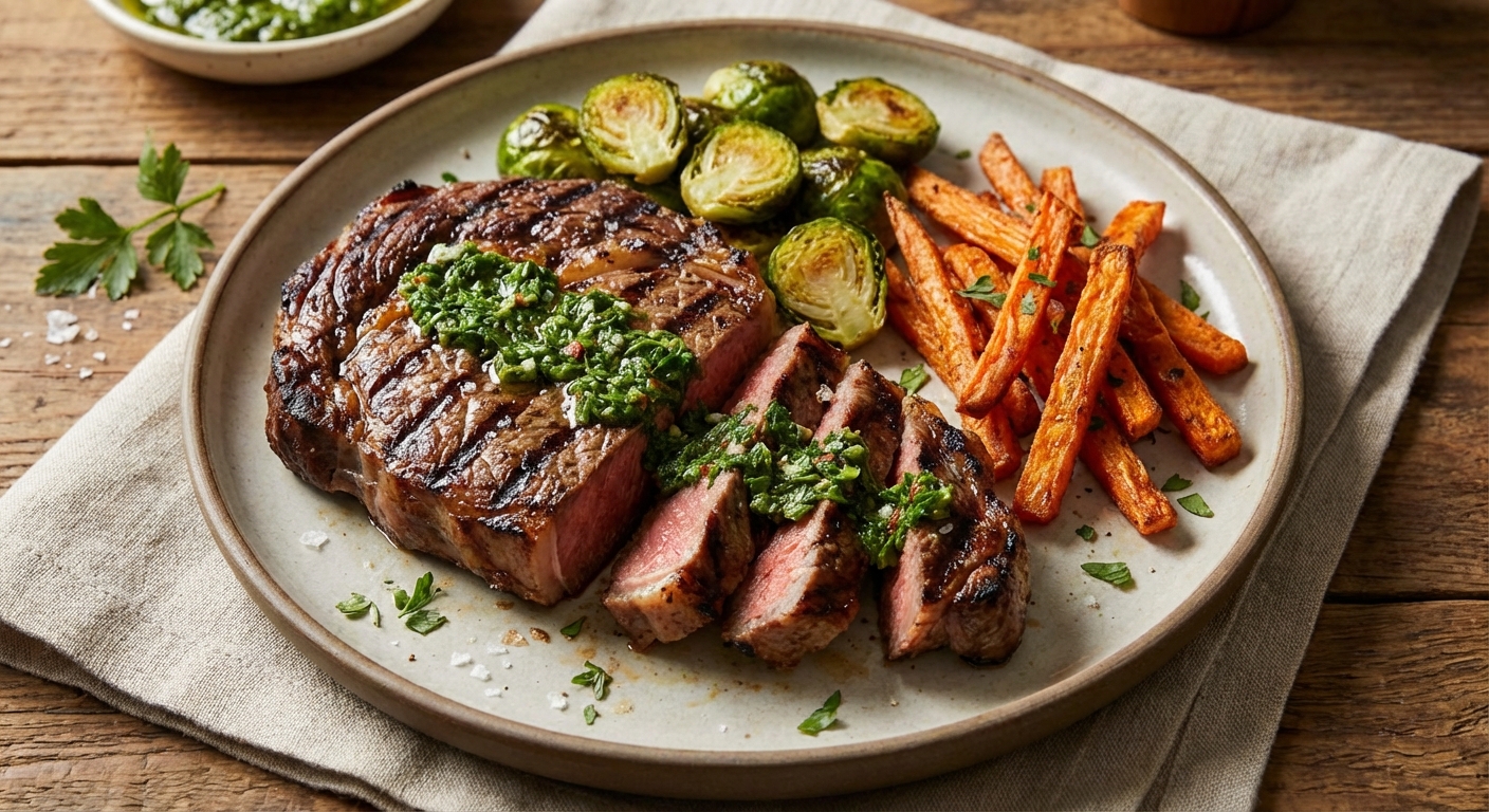 American Grilled Ribeye with Chimichurri, Roasted Brussels & Carrot Fries