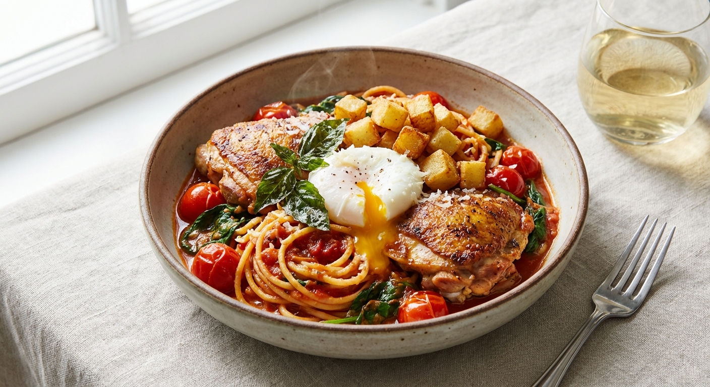 One-Pot Garlic Chicken Tomato Pasta with Crispy Potato and Soft-Poached Egg
