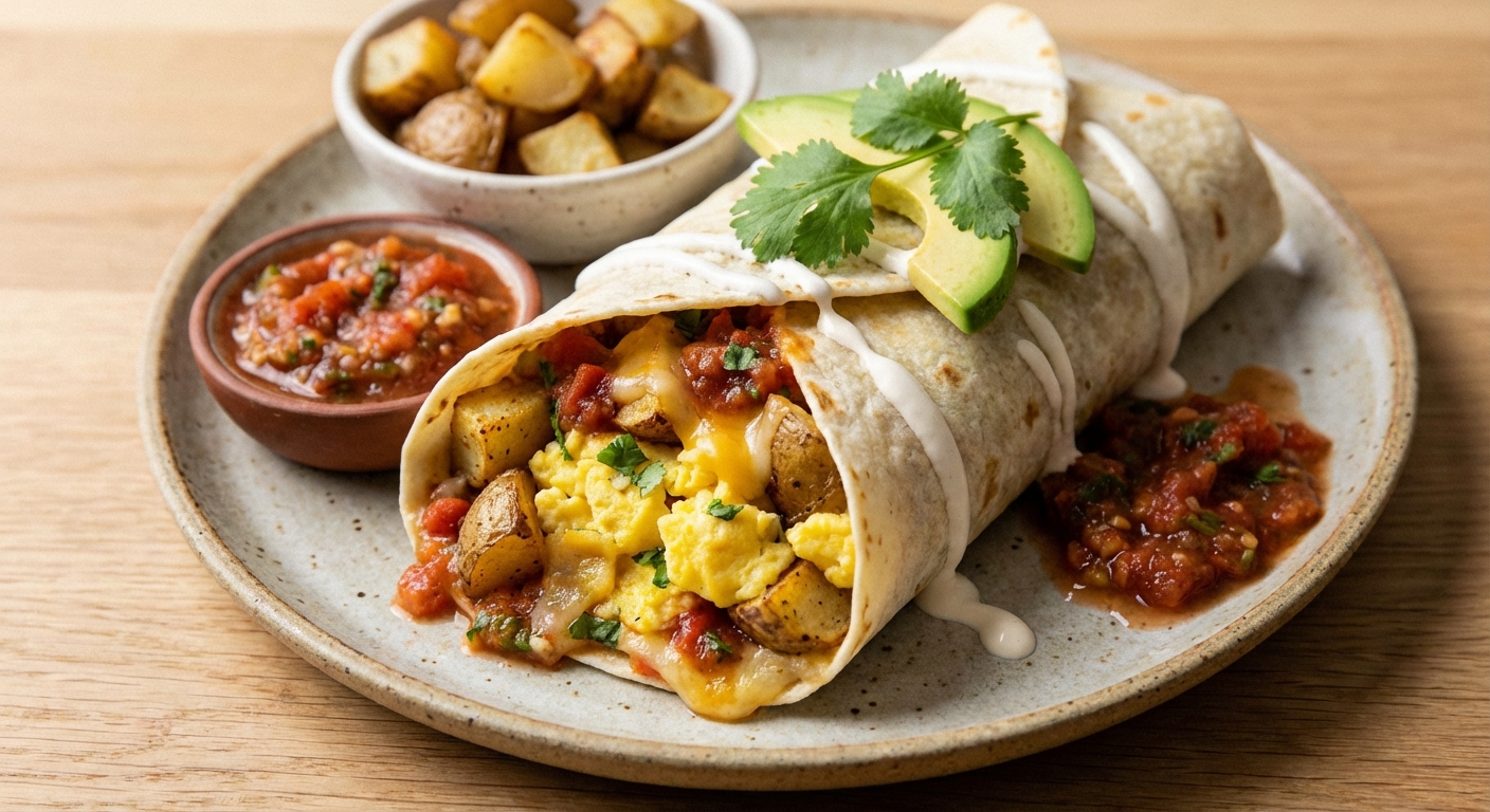 Breakfast Burrito with Eggs, Potato, Cheese & Salsa