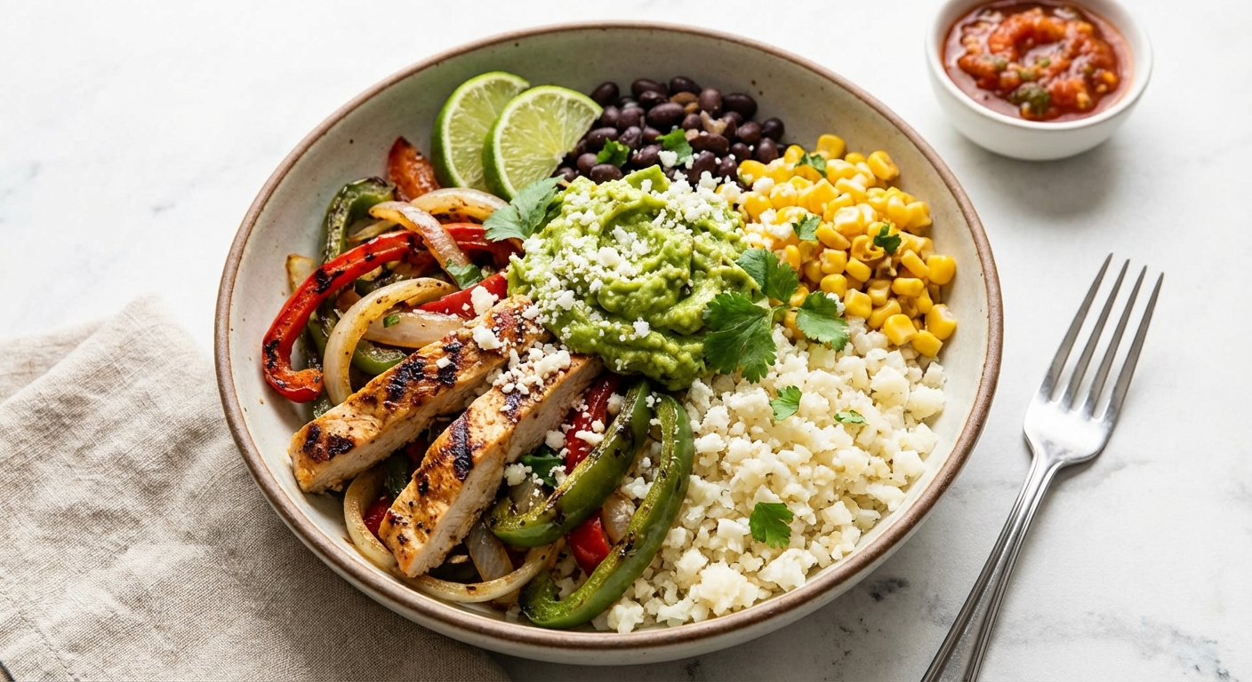 Mexican Chicken Fajita Bowl with Guacamole and Cauliflower Rice