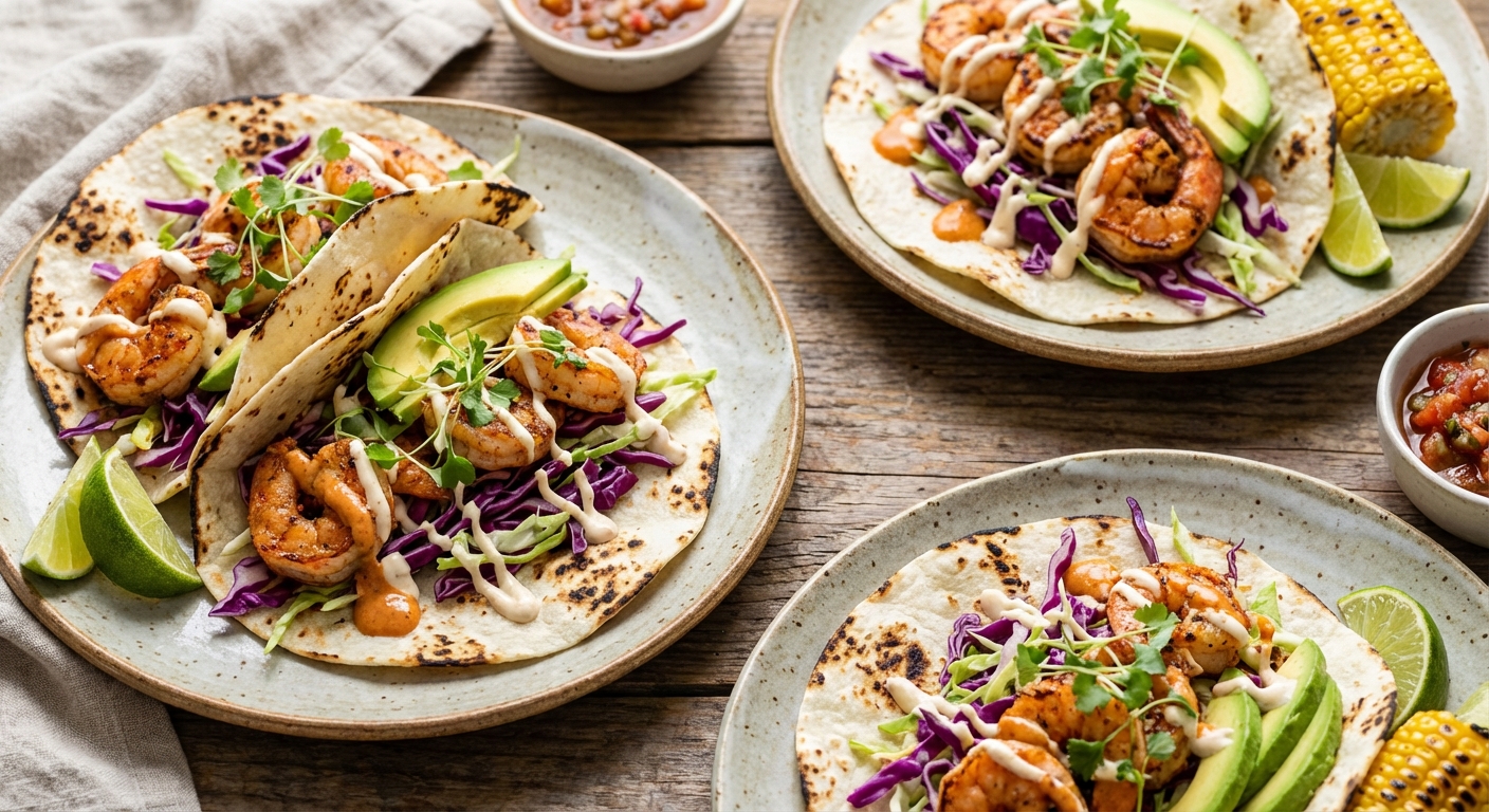 Shrimp Tacos with Cabbage Slaw & Avocado