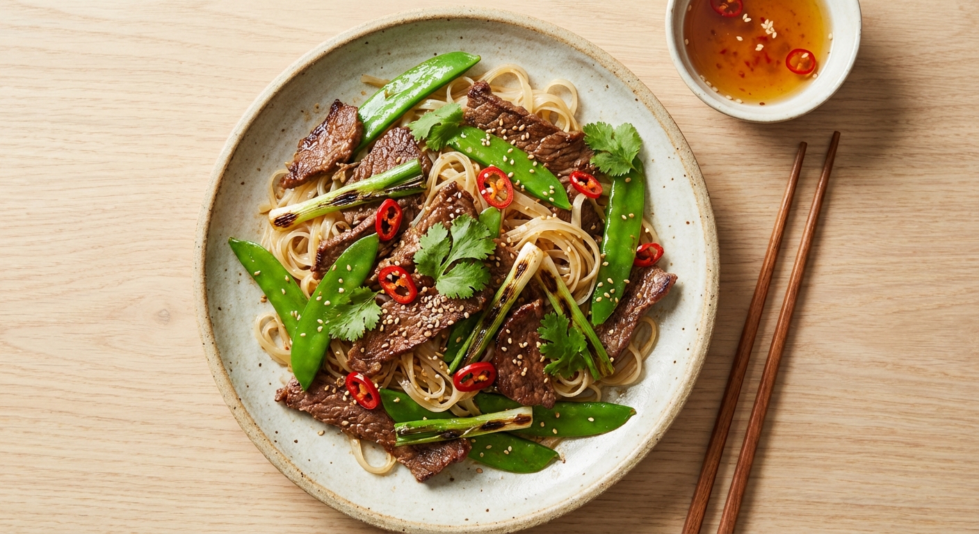 Vietnamese Ginger-Scallion Beef Stir-Fry with Snow Peas and Rice Noodles