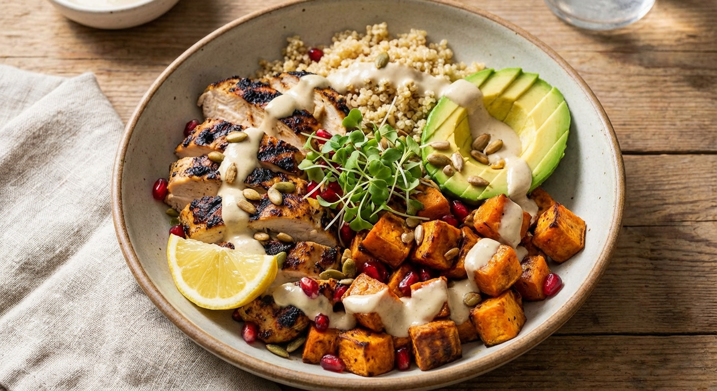 Grilled Chicken & Quinoa Bowl with Roasted Sweet Potato, Avocado & Tahini-Lemon Dressing