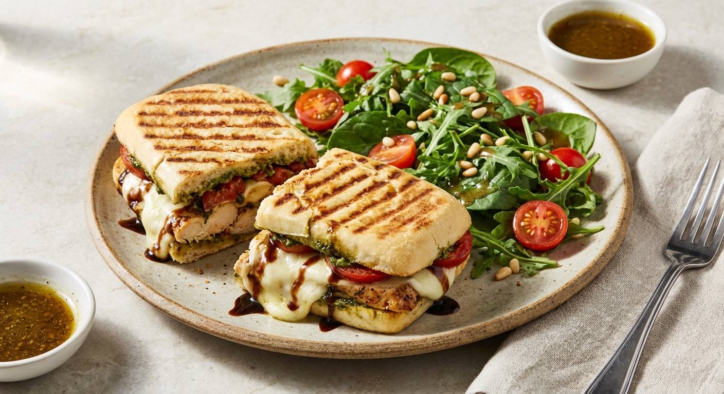 Caprese Chicken Panini with Mixed Green Salad