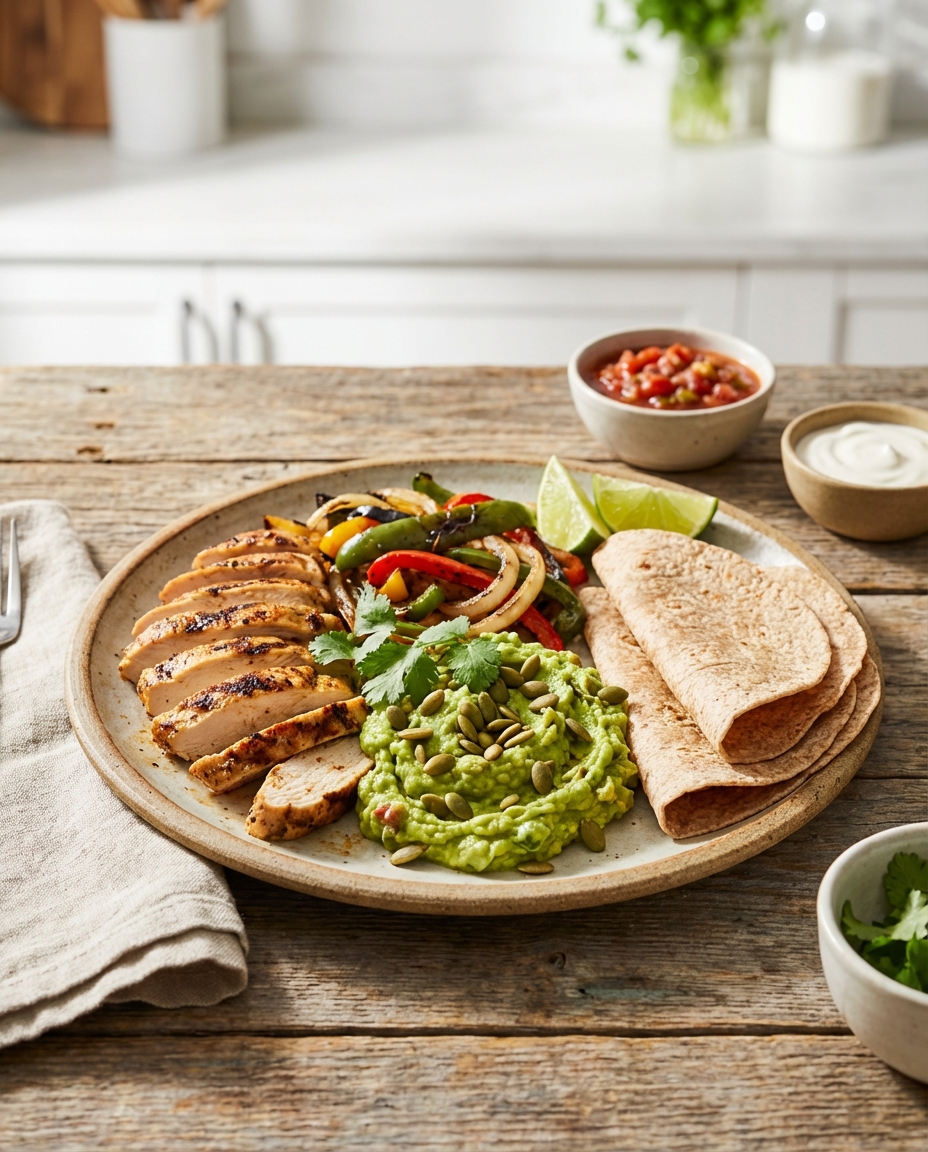 Chicken Fajitas with Guacamole & Whole-Wheat Tortillas