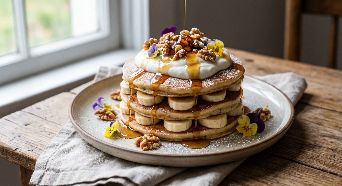Banana Pancake Stack with Greek Yogurt & Maple