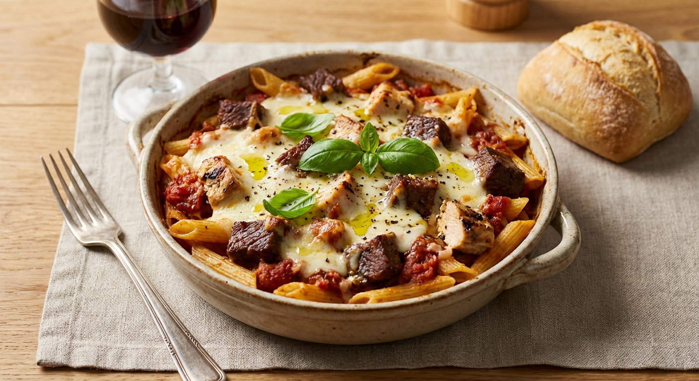 Twin-Meat Cheesy Baked Pasta (Beef & Chicken Pasta Bake)