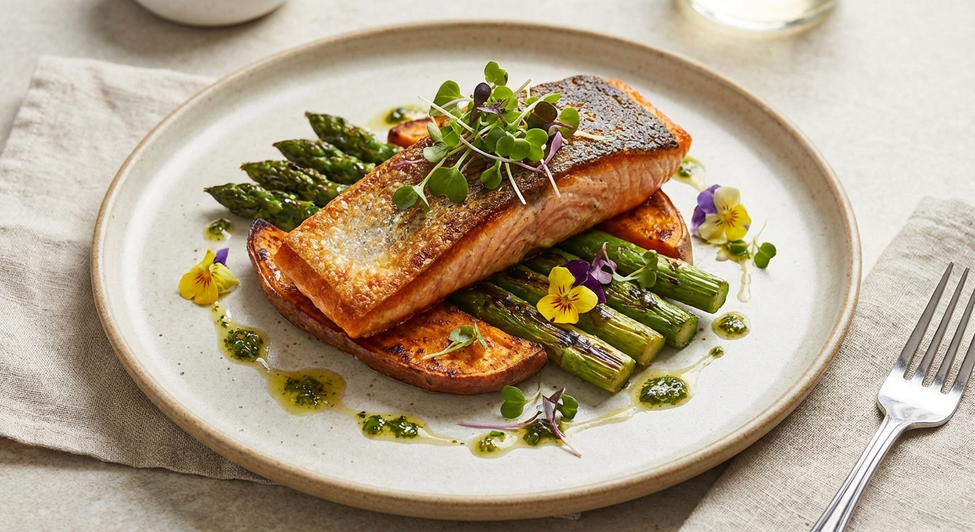 Pan-Seared Salmon with Roasted Sweet Potato & Asparagus