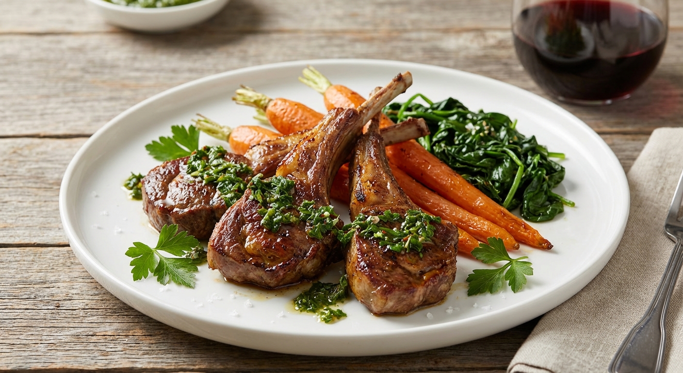 Pan-Seared Lamb Chops with Herb Chimichurri, Roasted Carrots & Sautéed Spinach