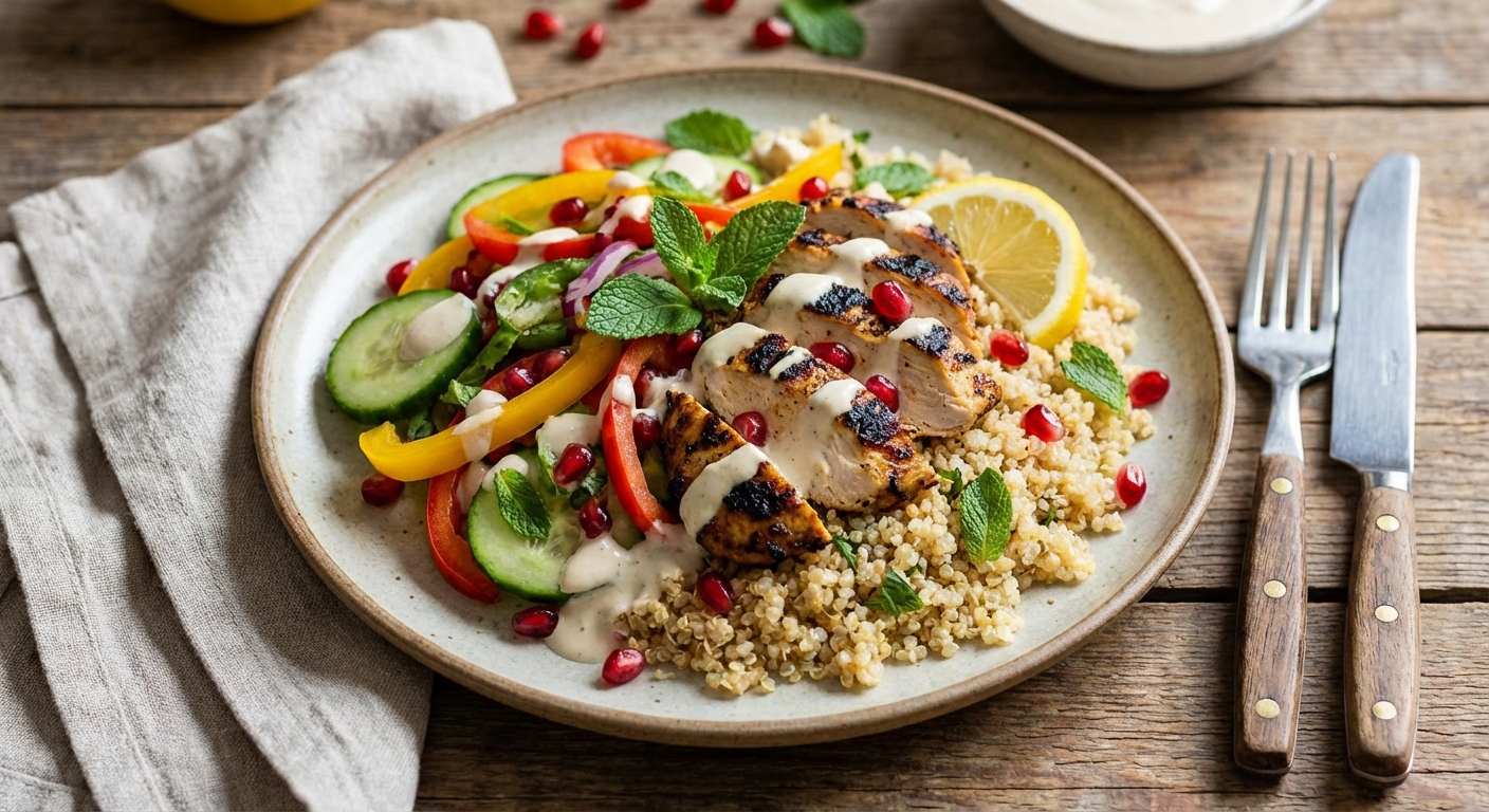 Grilled Lemon-Garlic Chicken Shawarma Salad over Quick Fluffy Quinoa