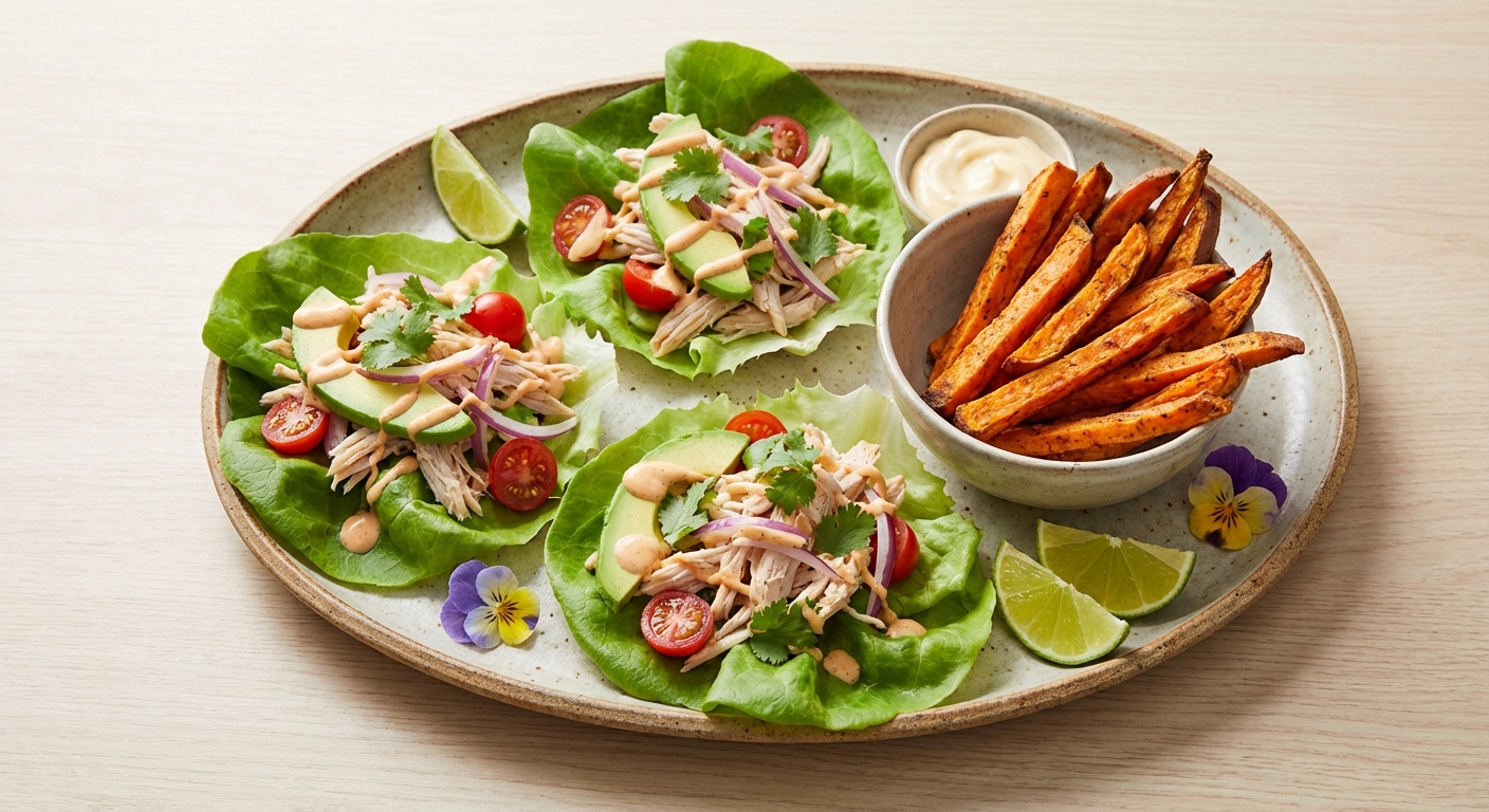 Turkey & Avocado Lettuce Wraps with Baked Sweet Potato Fries