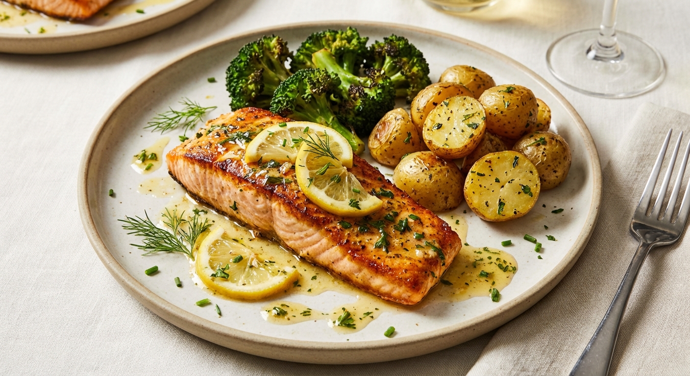 Lemon-Garlic Salmon with Roasted Baby Potatoes & Broccoli