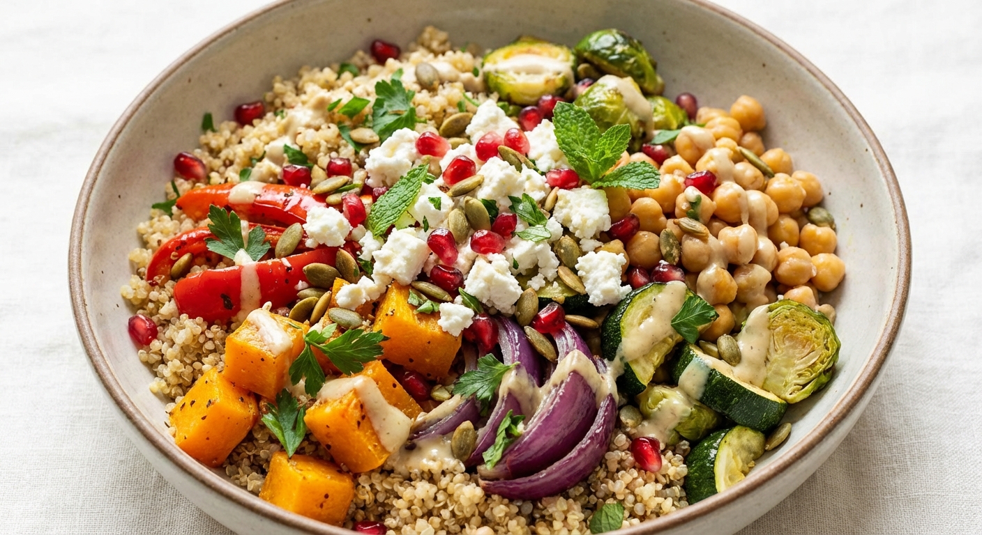 Quinoa & Chickpea Salad with Roasted Vegetables and Feta