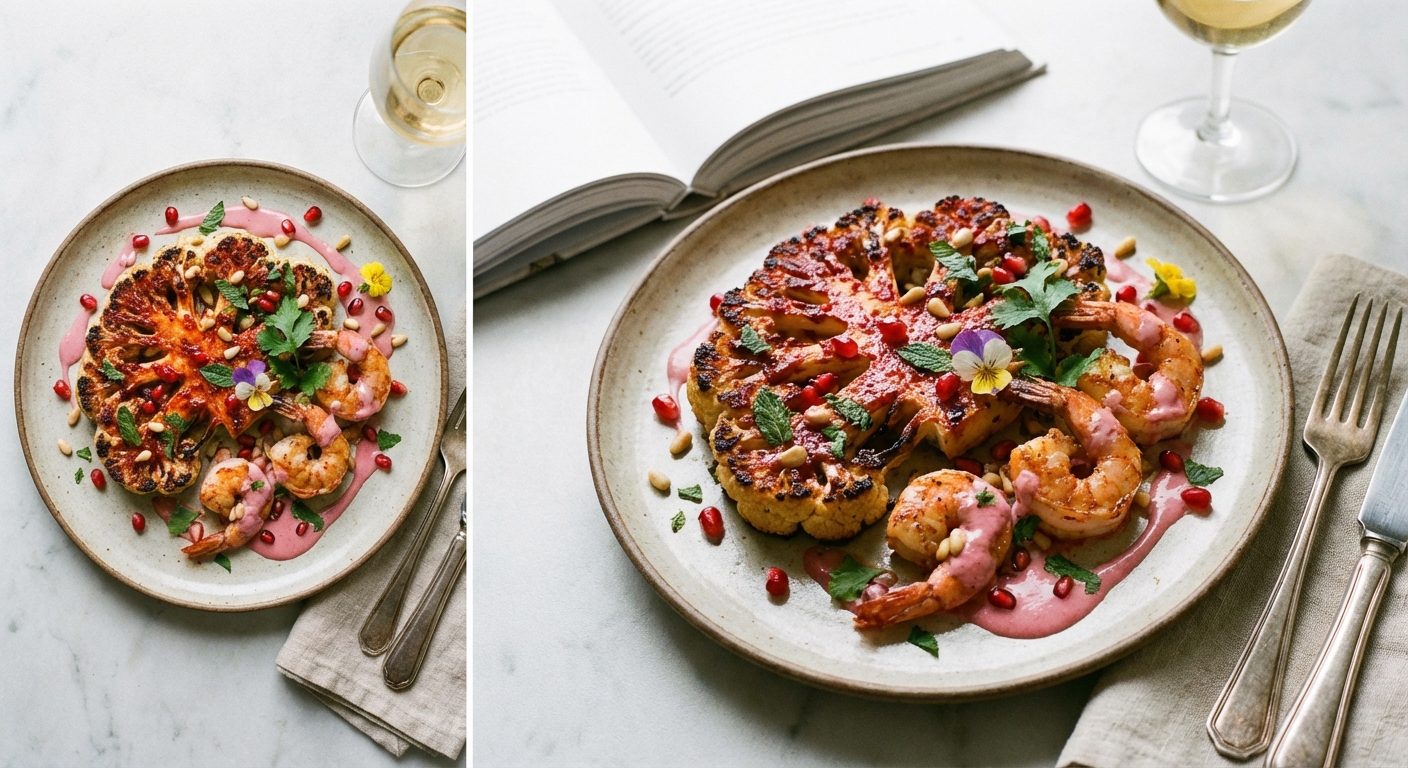 Harissa-Roasted Cauliflower Steaks with Seared Prawns & Pomegranate-Tahini Drizzle
