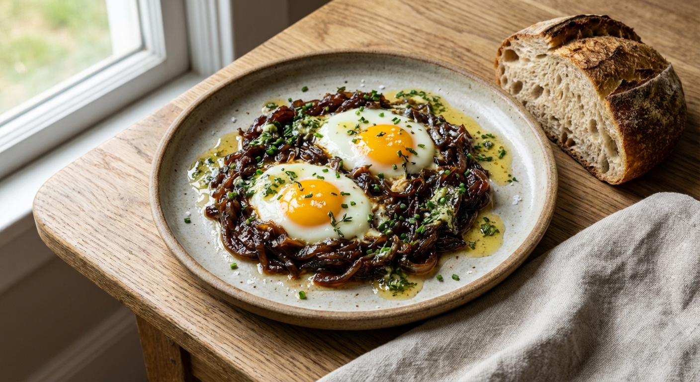 Olive Oil Confit Eggs with Caramelized Onion & Garlic-Butter Herb Finish