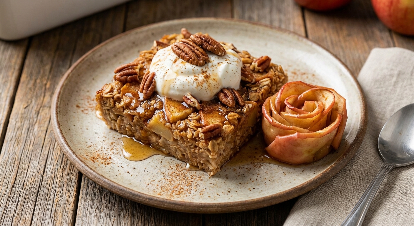 Baked Cinnamon Apple Oatmeal with Pecans & Greek Yogurt