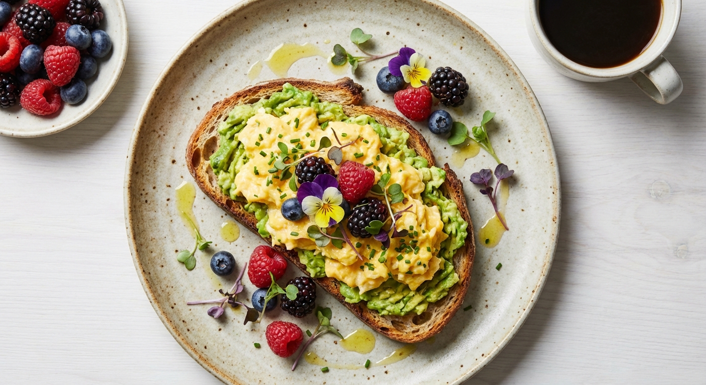 Avocado Toast with Scrambled Eggs & Mixed Berries