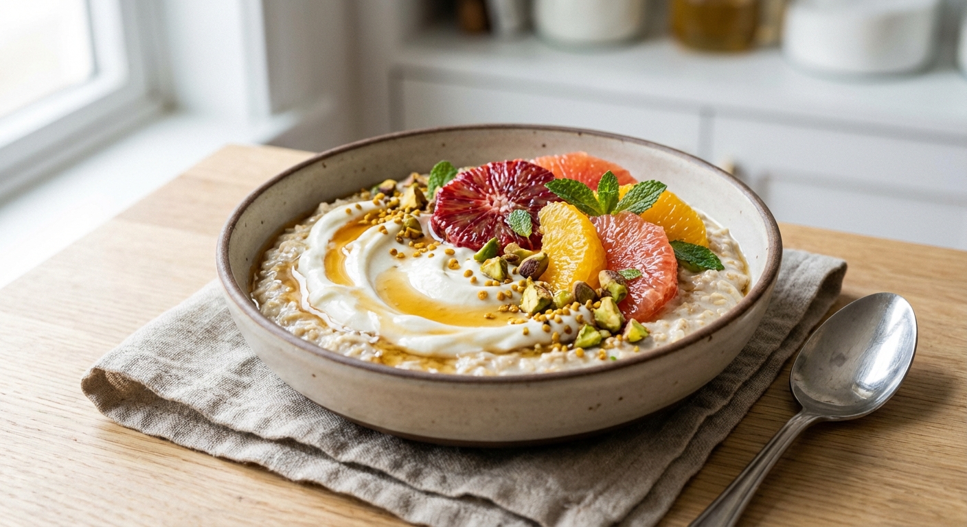 Creamy Overnight Gluten-Free Oats with Greek Yogurt, Maple, Citrus & Toasted Pistachios