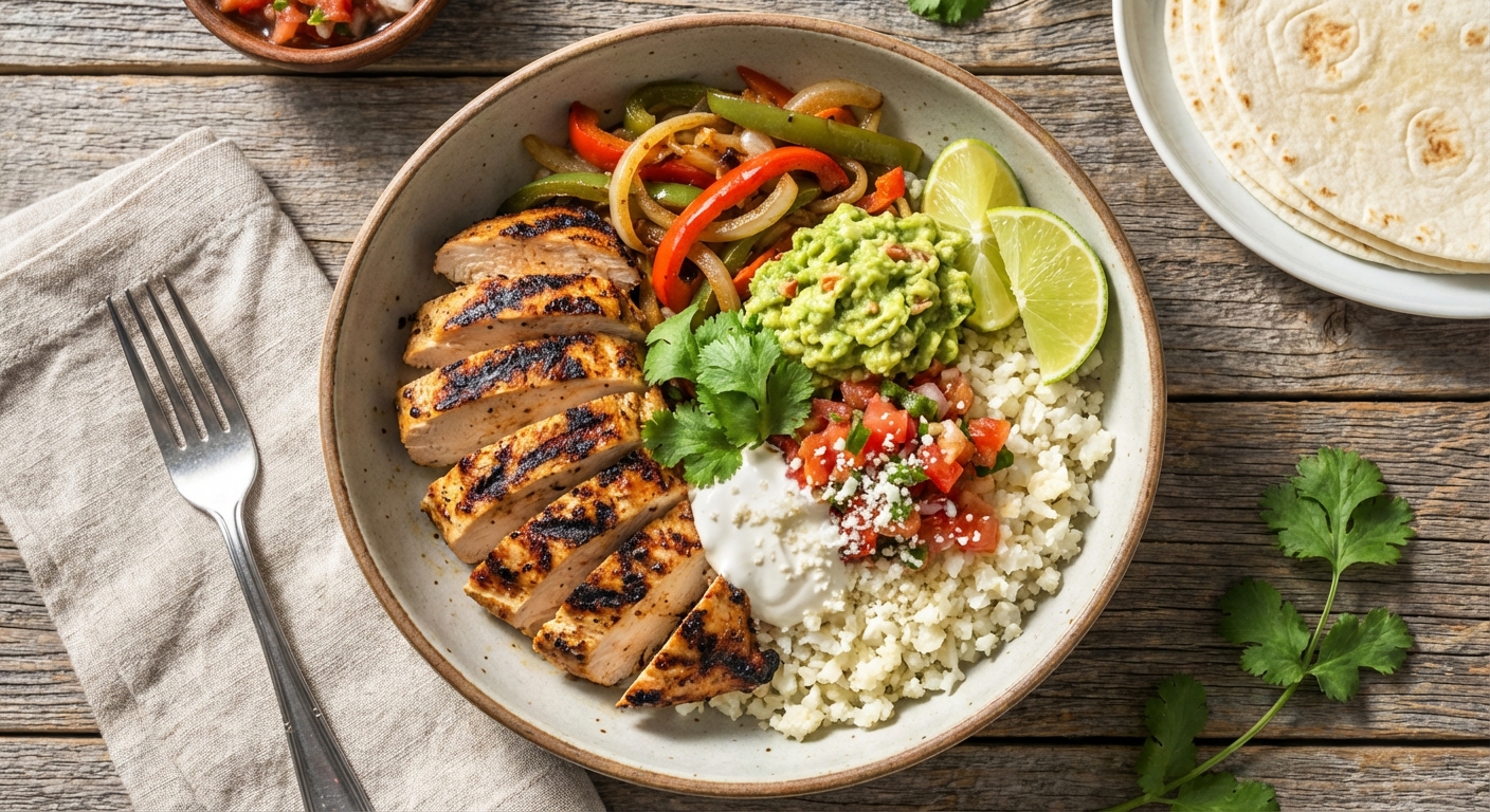 Mexican Chicken Fajita Bowl with Guacamole and Cauliflower Rice