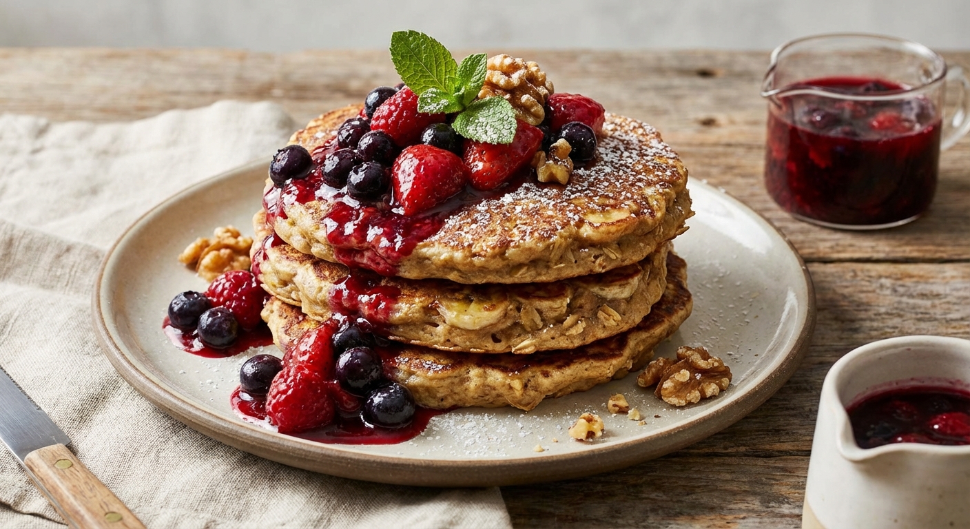 Banana-Oat Pancakes with Warm Berry Compote (Egg-free)