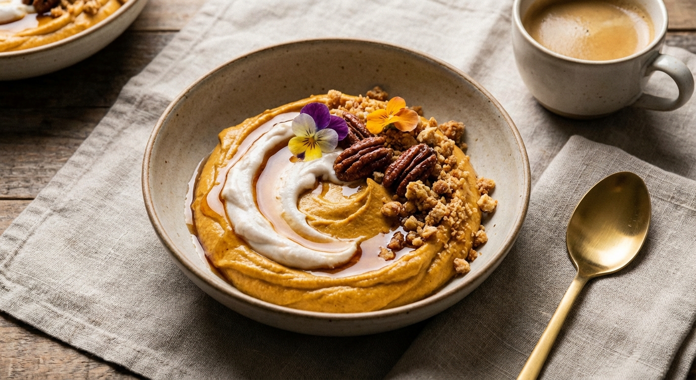 Silky Vegan Roasted Pumpkin Mousse with Maple-Coconut Cream, Candied Pecans & Ginger-Almond Crumble