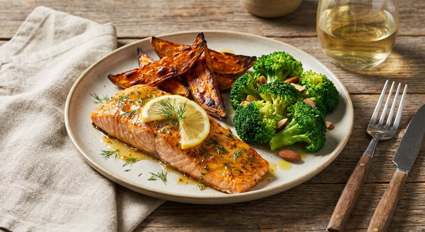 Baked Salmon with Roasted Sweet Potatoes and Steamed Broccoli