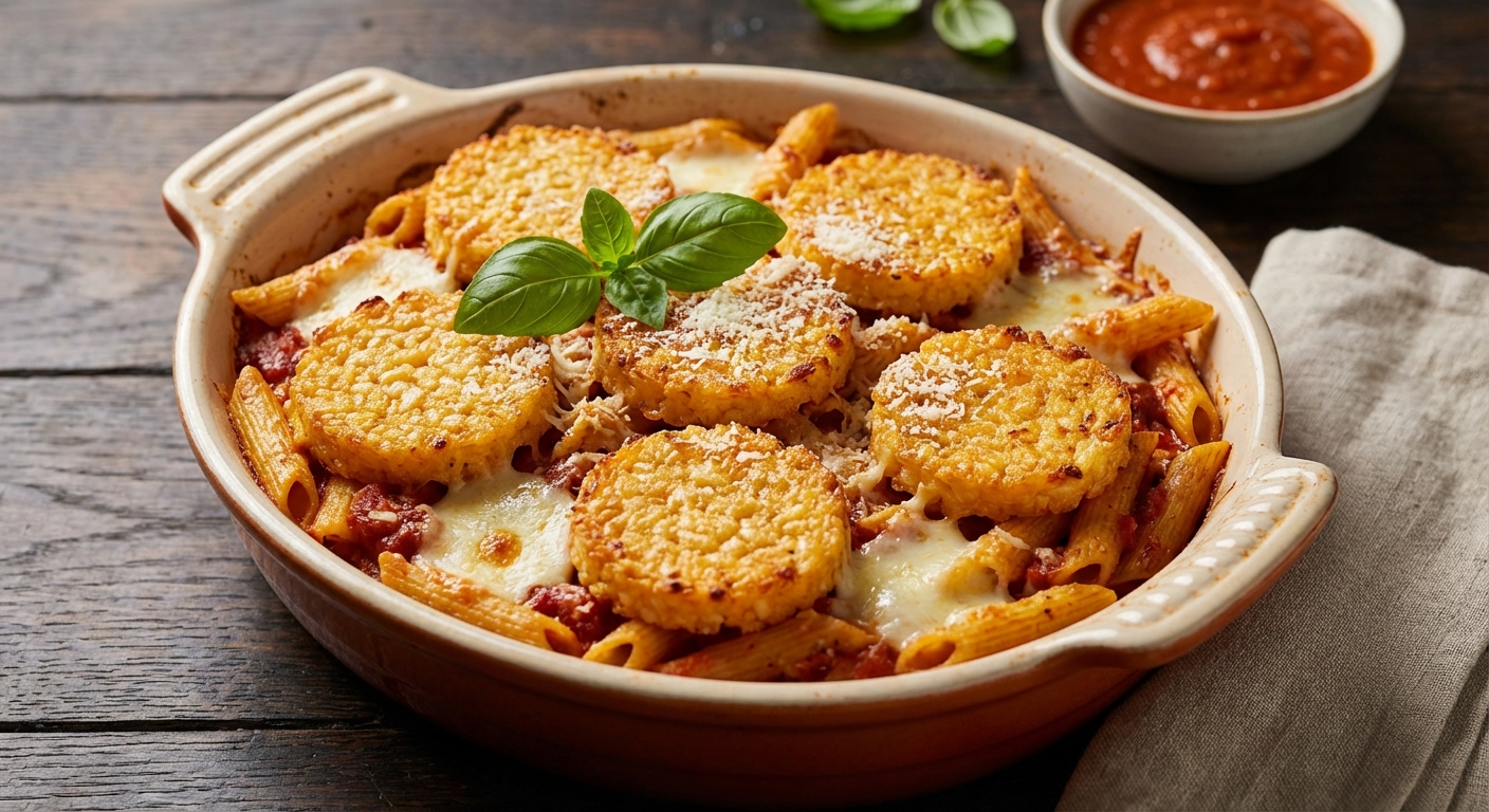 Tomato-Garlic Baked Penne with Golden Cheesy Rice Cakes