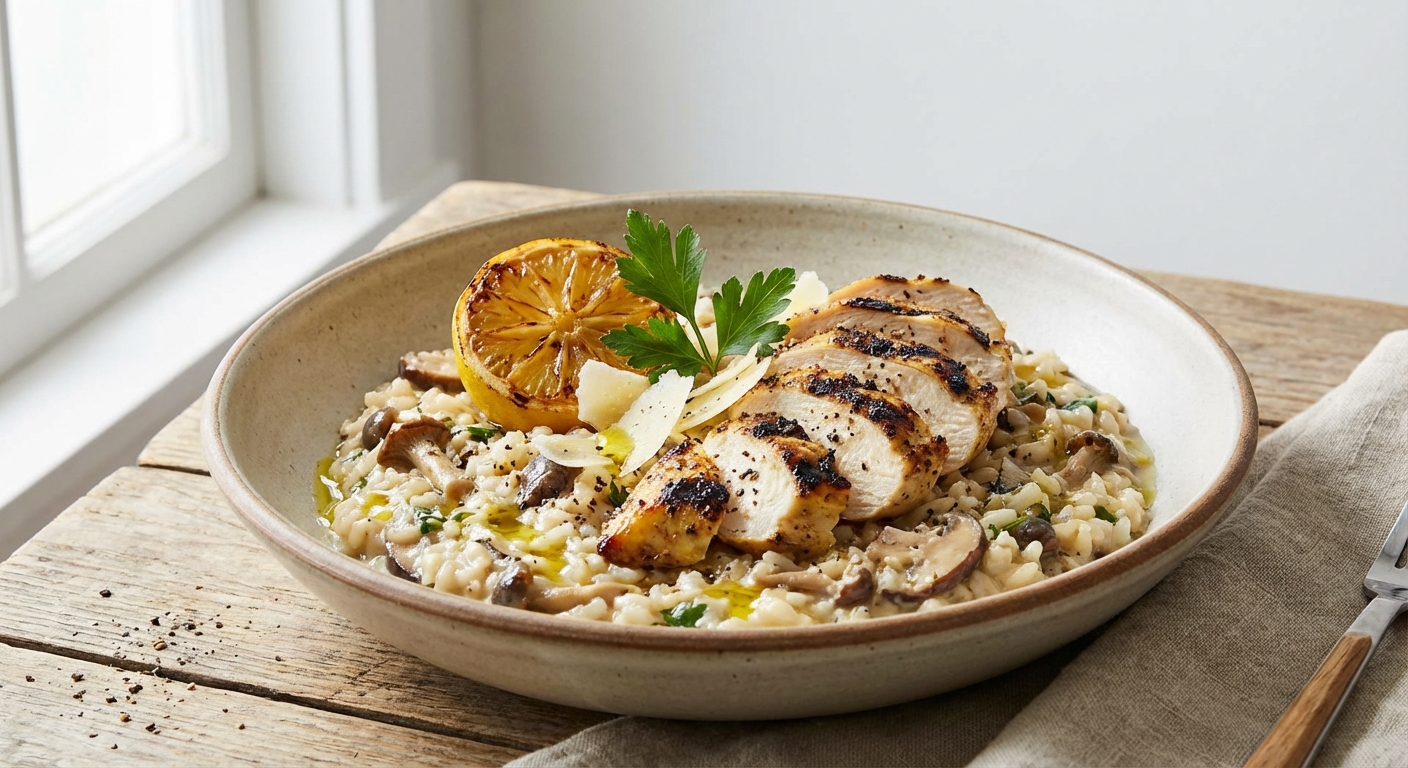 Mushroom Risotto with Grilled Lemon Chicken