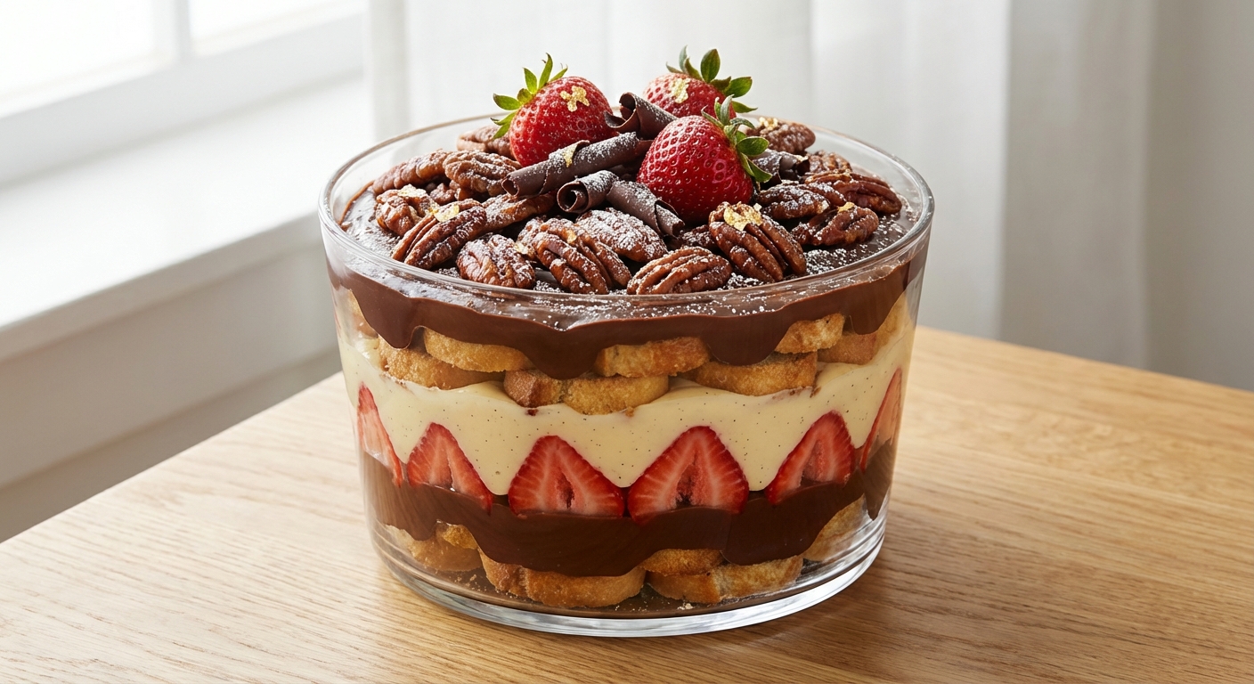 Chocolate-Strawberry Baguette Trifle with Pastry Cream & Glazed Pecan Crunch