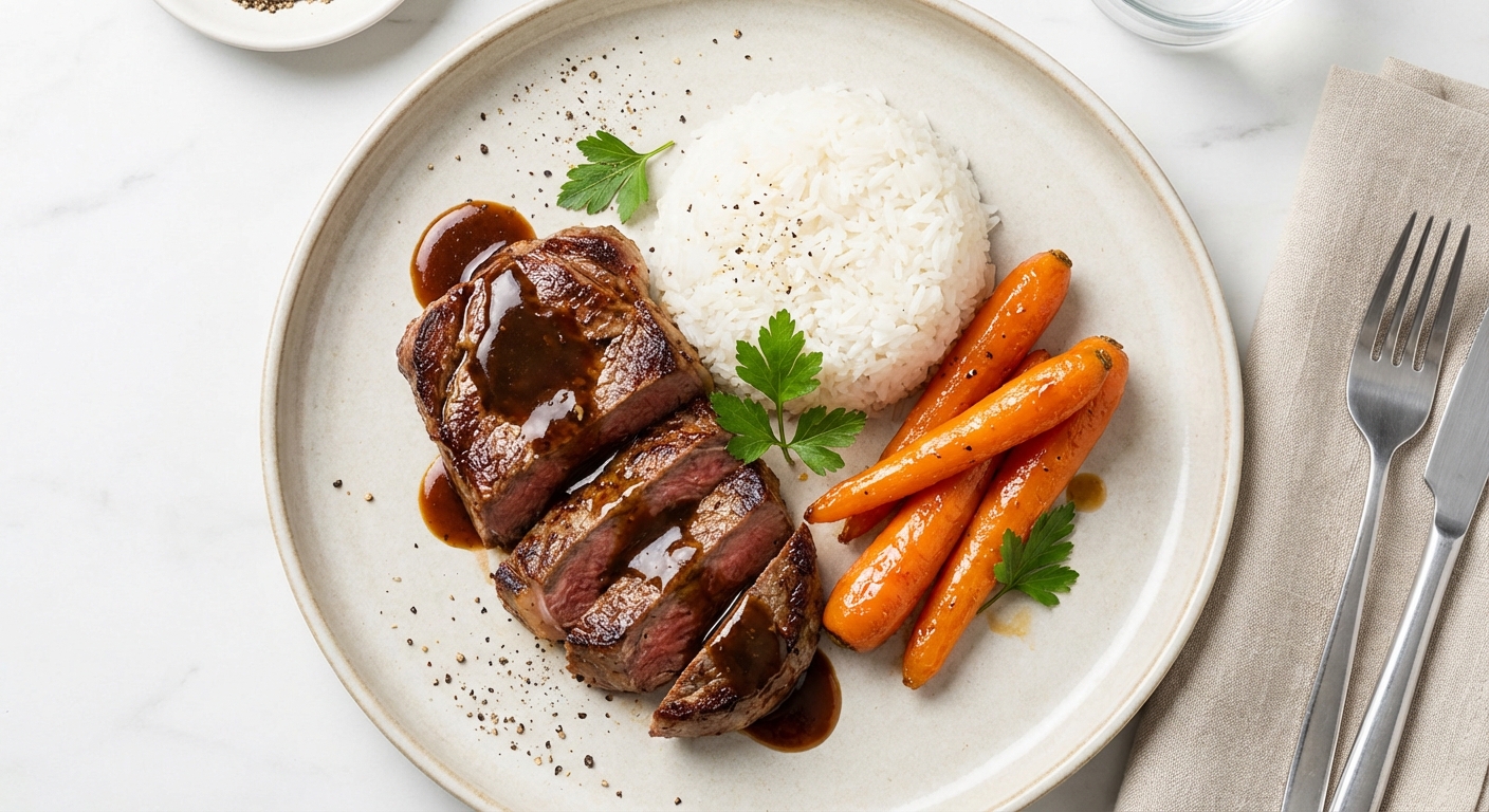 Pan-Seared Sirloin with Soy-Browned Gravy, Steamed Rice & Glazed Carrots