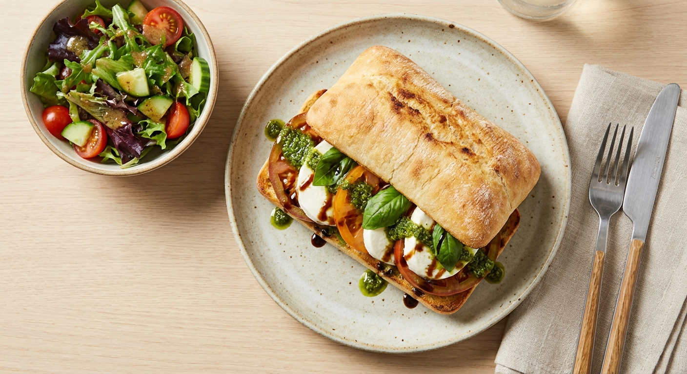 Caprese Sandwich with Pesto and Side Mixed Greens Salad