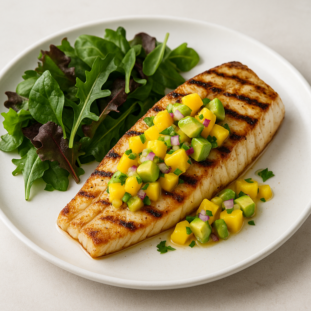 Grilled White Fish with Mango-Avocado Salsa and Mixed Greens