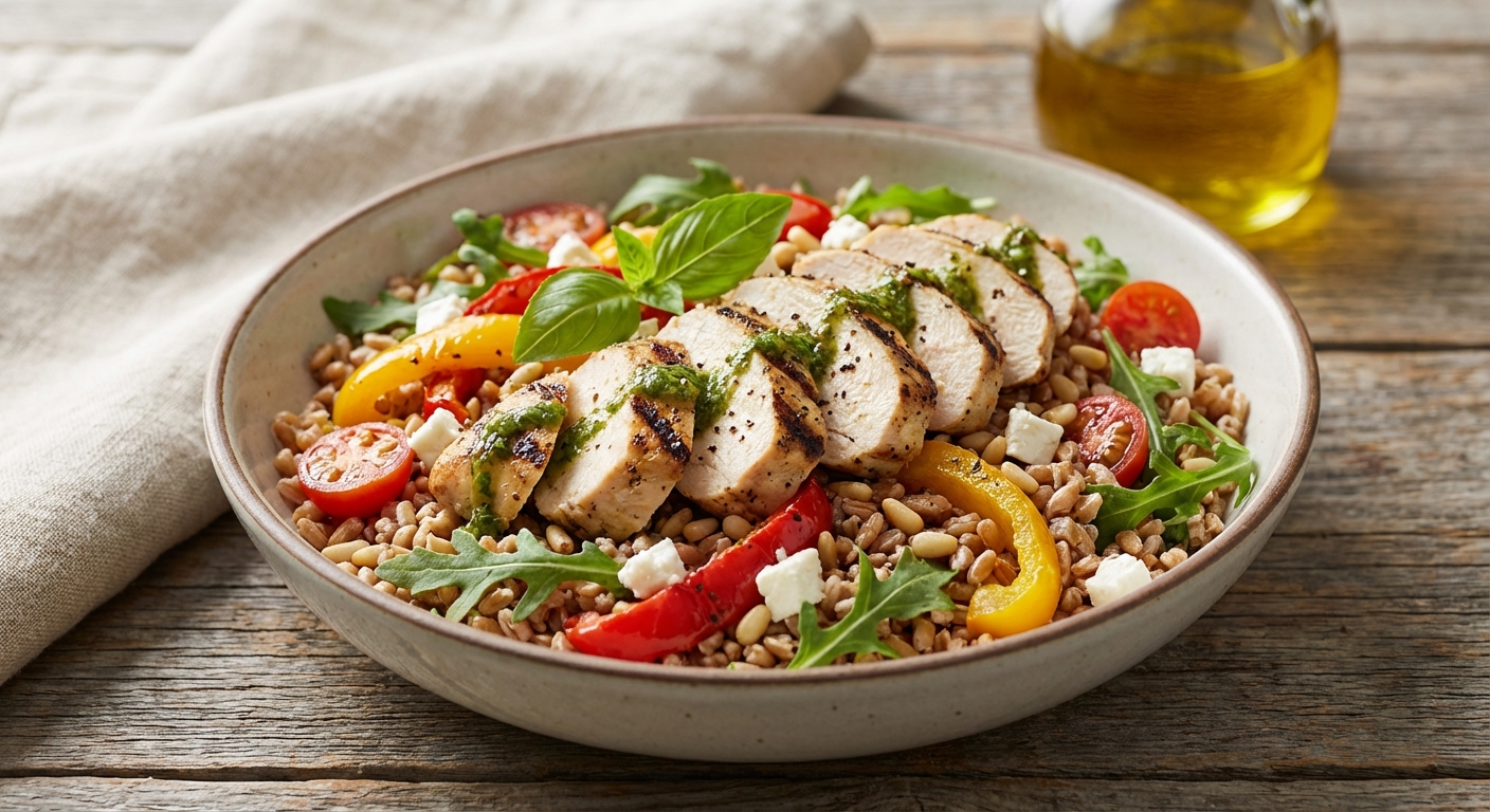 Grilled Chicken & Farro Salad with Roasted Peppers
