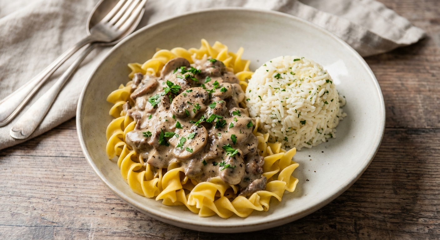 Beef Stroganoff with Egg Noodles and Buttered Rice