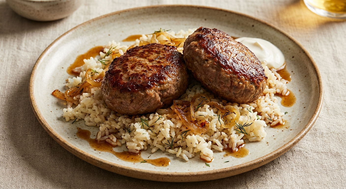 Eastern European–Style Pan-Seared Beef Kotleti with Garlic-Butter Rice and Caramelized Onions
