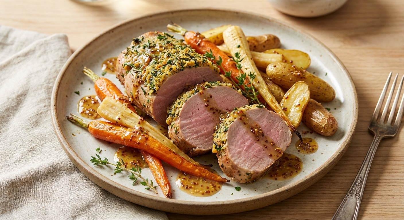 Roasted Herb-Crusted Pork Tenderloin with Root Vegetables & Mustard Pan Sauce