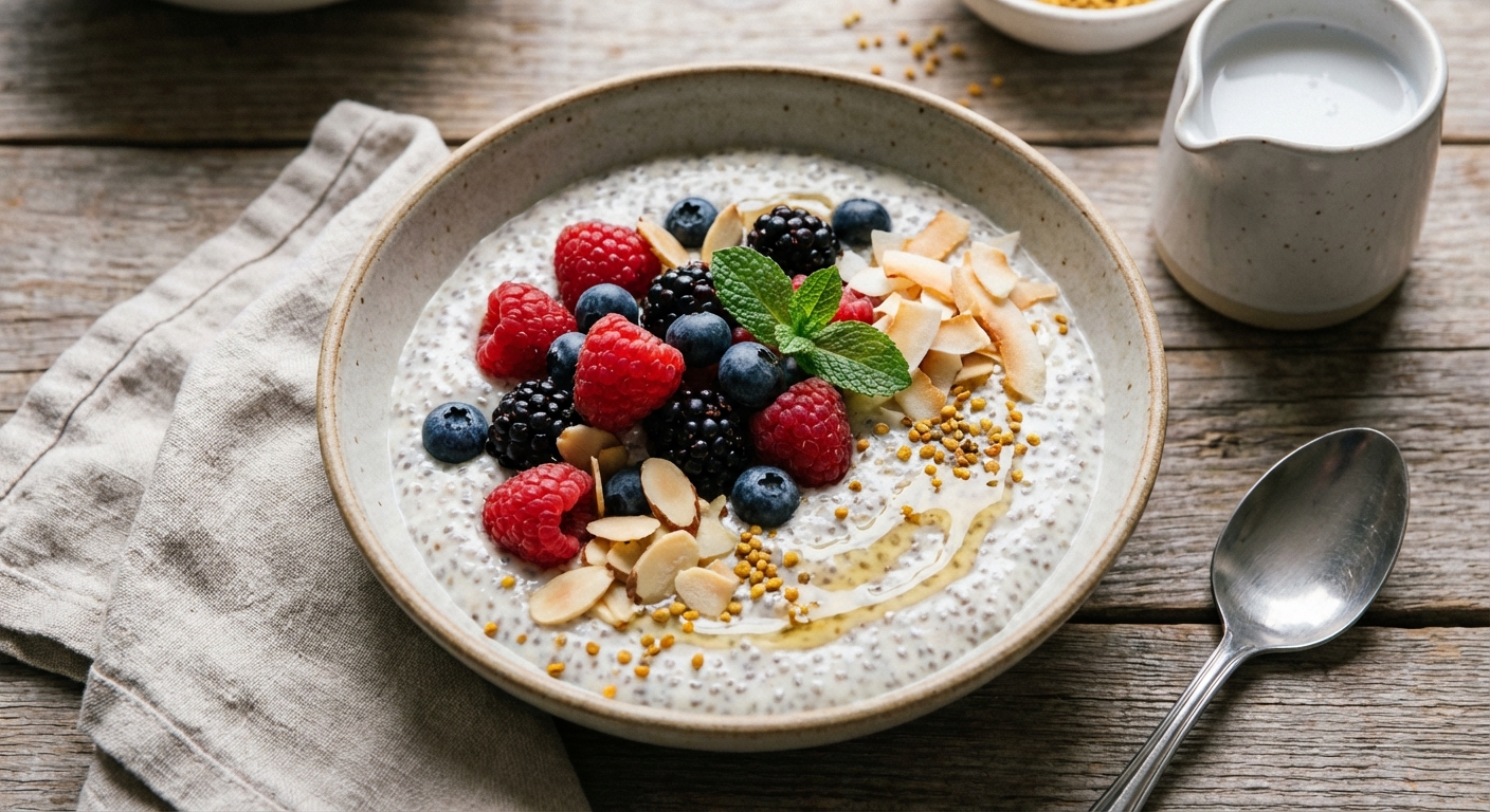 Coconut Chia Pudding with Berries & Toasted Almonds
