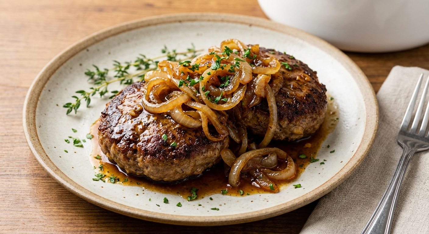 Pan-Seared Hamburger Steaks with Caramelized Onions & Garlic-Butter Jus