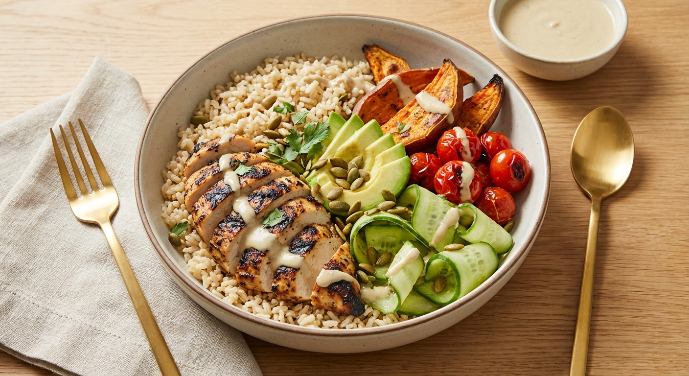 Grilled Chicken & Grain Bowl with Brown Rice, Roasted Sweet Potato & Tahini Dressing