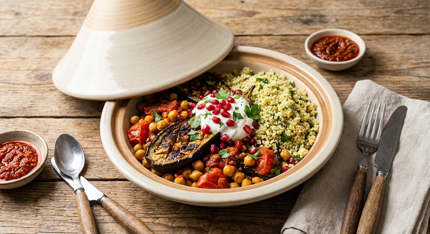 Roasted Eggplant & Chickpea Tagine with Herbed Couscous and Yogurt