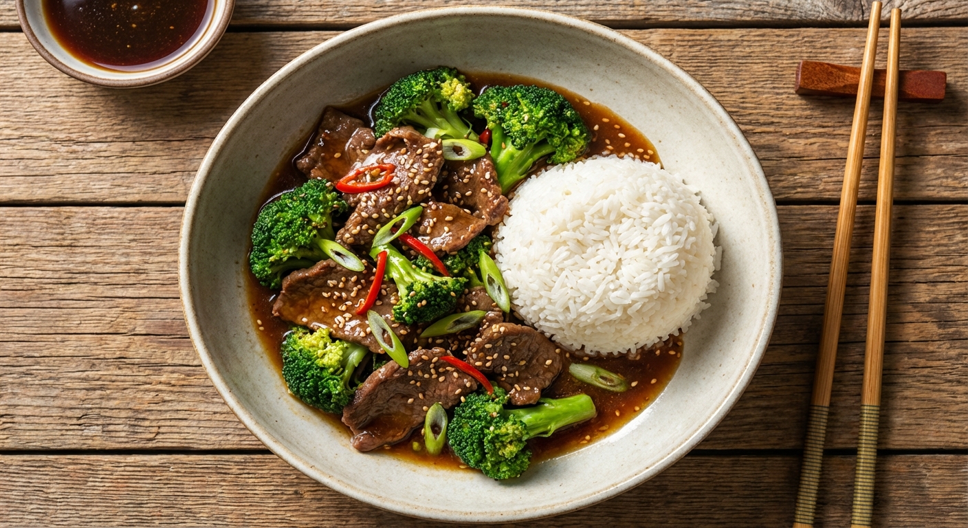 Beef & Broccoli Stir-Fry with Garlic-Ginger Sauce and Jasmine Rice