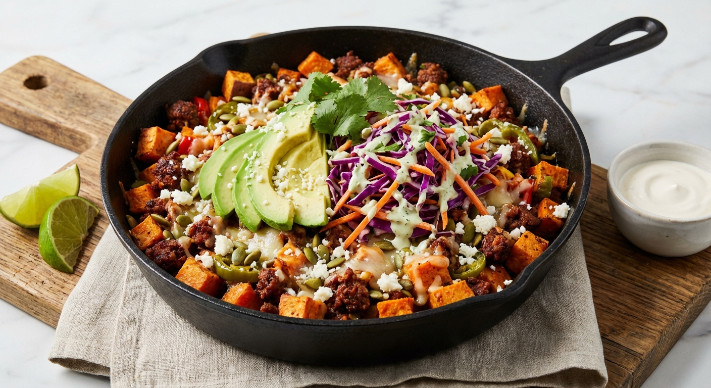 Mexican Sweet Potato & Chorizo Skillet with Avocado and Cilantro‑Lime Slaw