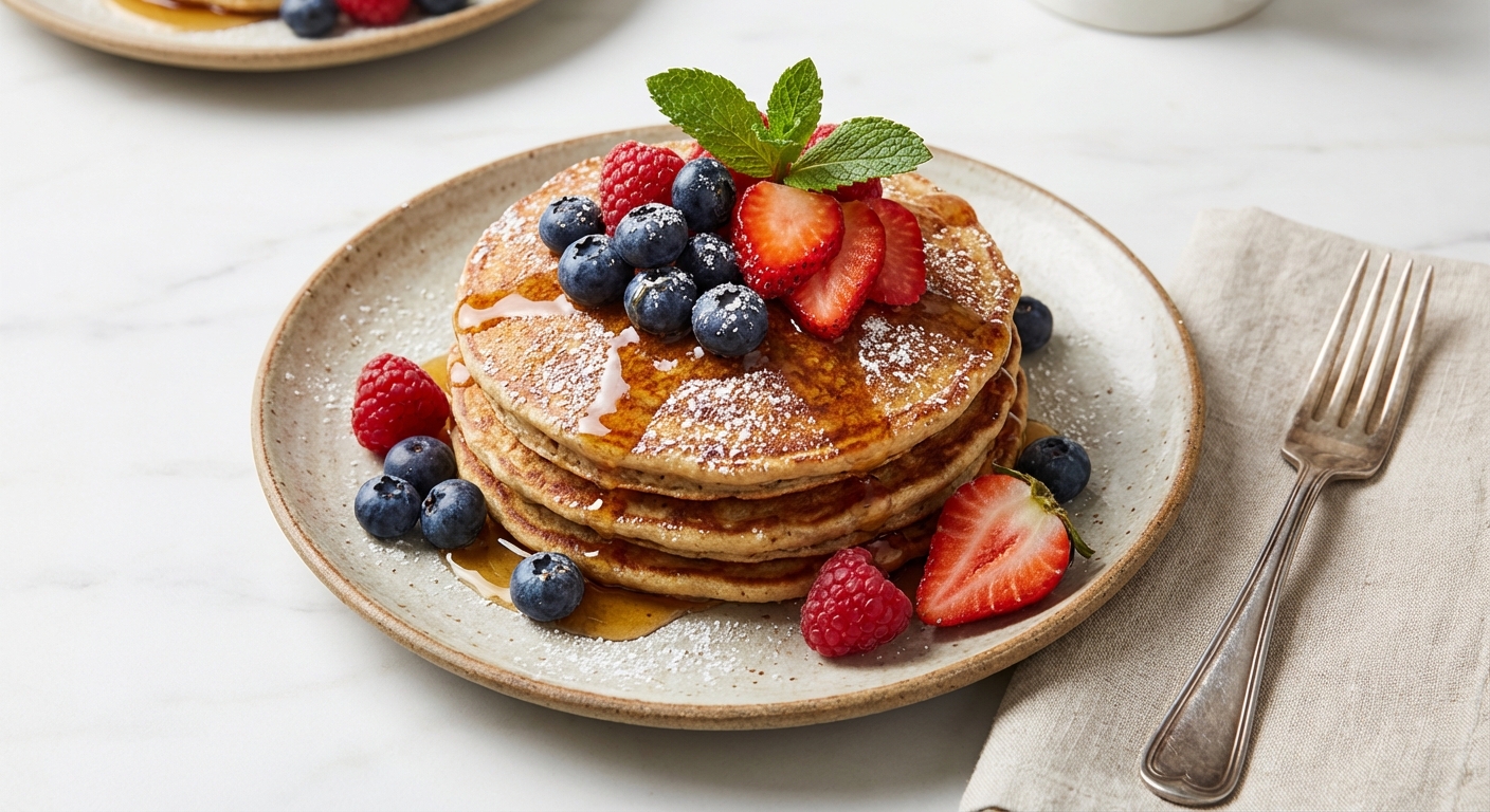 Banana Oat Pancakes with Berries & Maple Syrup