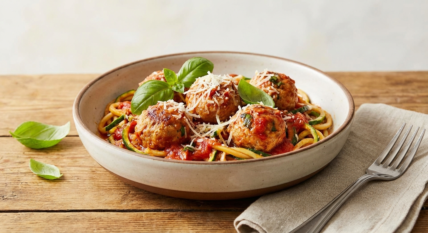 Turkey Meatballs with Zucchini Noodles in Tomato-Basil Sauce