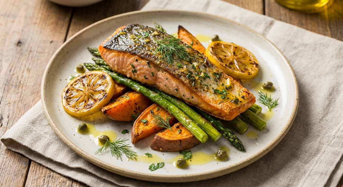 Oven-Baked Lemon Herb Salmon with Roasted Sweet Potatoes & Asparagus